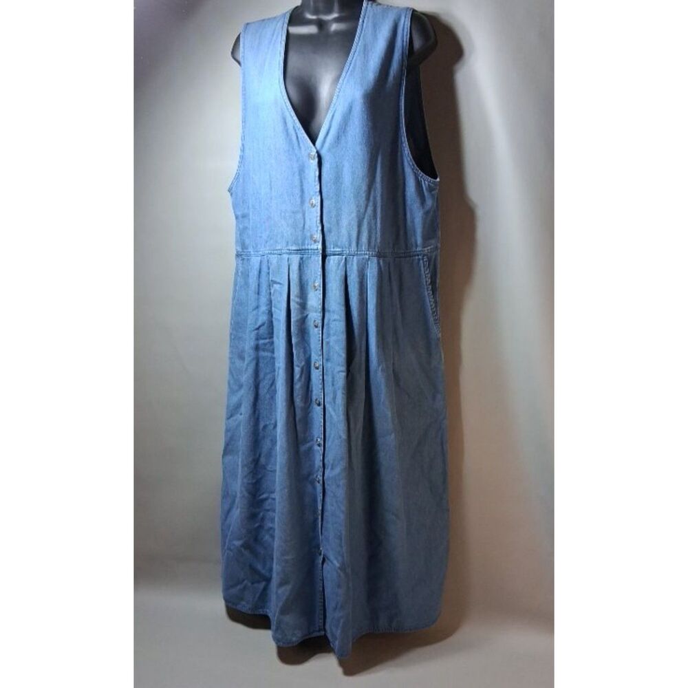 Karen Scott Denim Chambray Jumper Dress Cotton Core Maxi Size L Vintage